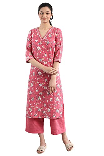 Aurelia Printed V Neck Cotton Flax Womens Kurta Set (S21AU02502832-P)