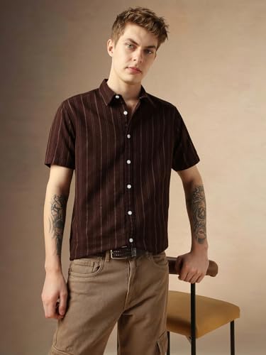 Dennis Lingo MenS Maroon Polycotton Spread Collar Short Sleeves Striped Shirts