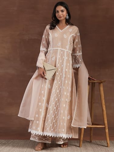 Libas Womens Embroidered Organza A-Line Kurta With Palazzos And Dupatta