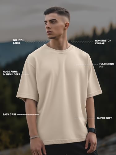 Nobero MenS Graphic Print Oversized Fit T-Shirt (1M-Twrt-C1005-Bs_Tropical Escape-Sand