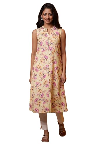 Aurelia Women? Floral Printed A-Line Cotton Flax Kurta | Mandarin Collar Kurta for Women | Floral Printed Kurta for Women | Soft & Breathable Regular Fit Kurta for Women