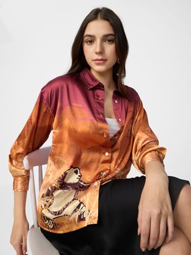 The Souled Store Satin Shirt: Kung Fu Panda Women and Girls Long Sleeves Collared Neck Button Front Orange Polyester Regular Fit