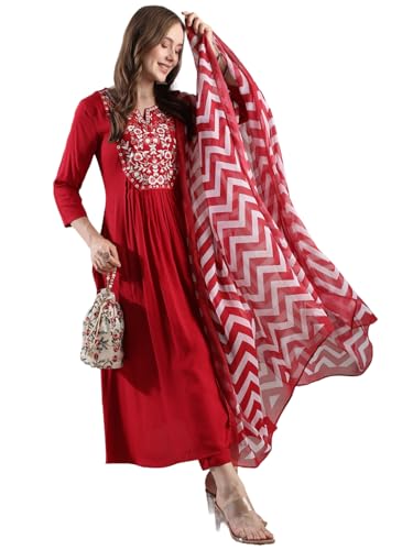 GoSriKi Womens Rayon Blend Anarkali Embroidered Kurta with Pant & Dupatta (VARALAXMI RED-VKS02-GS_L_Red_Large)
