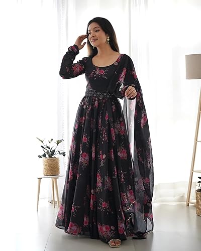 Fashion Basket Floral Print Anarkali Kurta With Pant And Dupatta (Black, M)