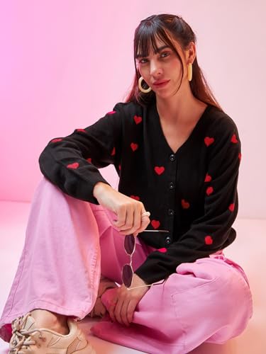 Bewakoof Womens AOP Oversized Fit Full Sleeve V-Neck Acrylic Sweater