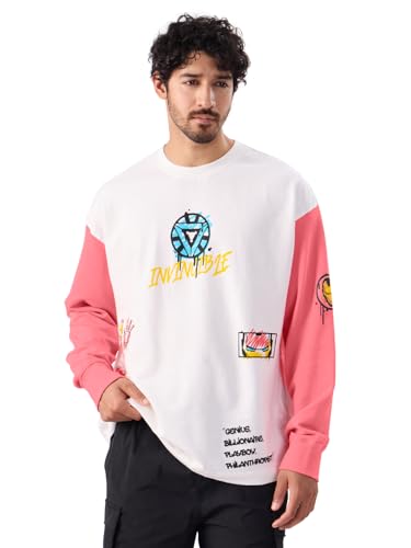 The Souled Store Official Iron-Man: Graffiti Round Neck 100% Cotton Graphic Print Oversized Fit Full Sleeve T-Shirts White