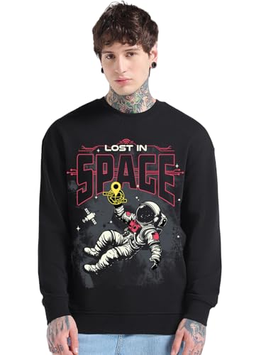 Bewakoof MenS Graphic Print Oversized Fit Full Sleeve Round Neck Cotton Blend Sweatshirt_694486_Black_M