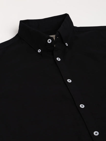Dennis Lingo MenS Solid Black Slim Fit Cotton Oxford Casual Shirt With Button-Down Collar & Full Sleeves