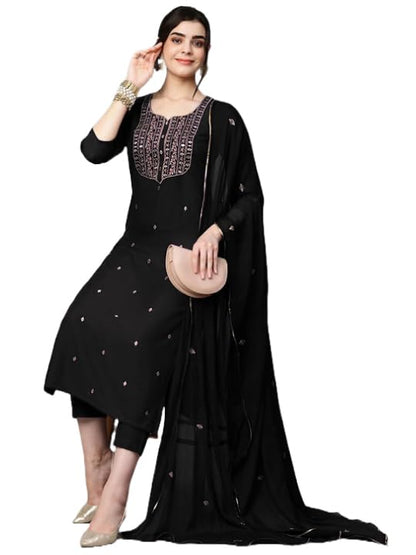 GoSriKi Womens Cotton Blend Embroidered Straight Kurta with Pant & Dupatta (KASTURI Black-APL-GS_5XL_Black_XXXXX-Large)