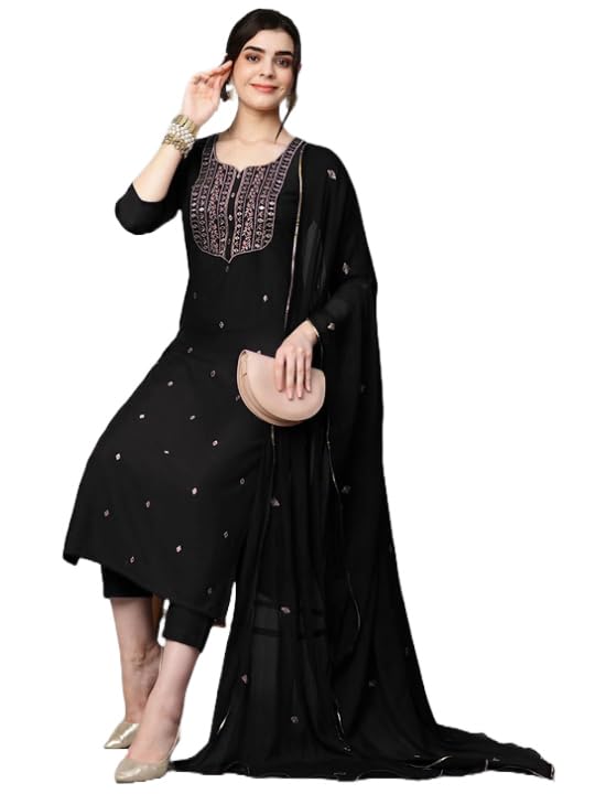 GoSriKi Womens Cotton Blend Embroidered Straight Kurta with Pant & Dupatta (KASTURI Black-APL-GS_XL_Black_X-Large)