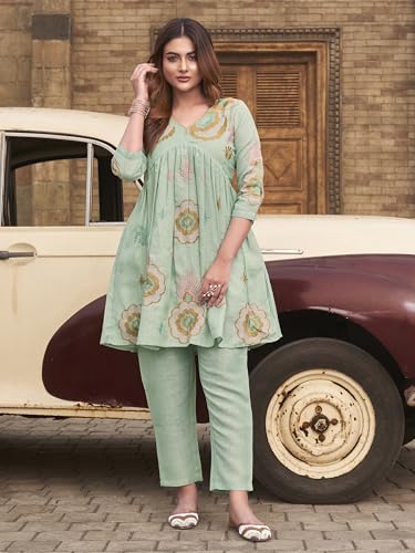 Womanista Womens Linen Solid Regular Embroidered Co-Ord Set 9143_Sea Green