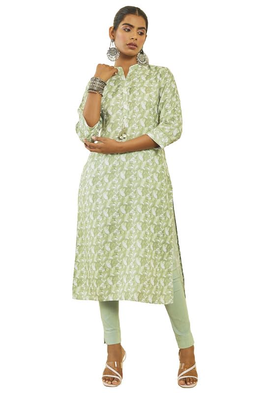 Soch Womens Green Poly Cotton Leaf Print Straight Kurta with Pocket