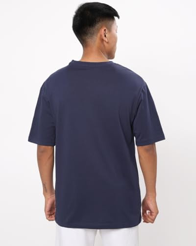 Bewakoof MenS Peace Out Astronaut Graphic Printed 100% Cotton T-Shirt - Oversized Fit, Round Neck, Half Sleeves Blue