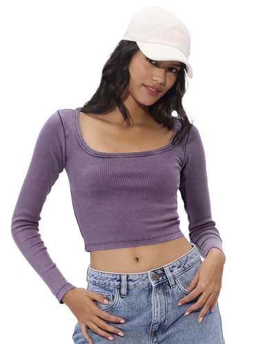 The Souled Store Solids: Dark Lavender Short Sleeve Round Neck Slim Fit Cropped Tops for Women and Girls - Trendy Statement Piec