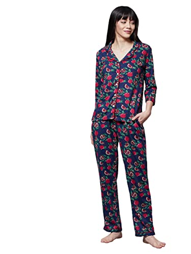 Miss Chase WomenS Blue Round Neck 3/4 Sleeve Printed Regular Night Suit (Mcaw21Nw06-27-115-05, Blue, L)