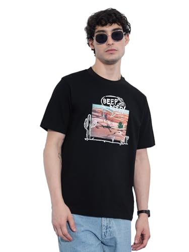 The Souled Store Looney Tunes: Road Runner Men and Boys Short Sleeves Round Neck Black Embroidered Cotton Relaxed Fit T-Shirts