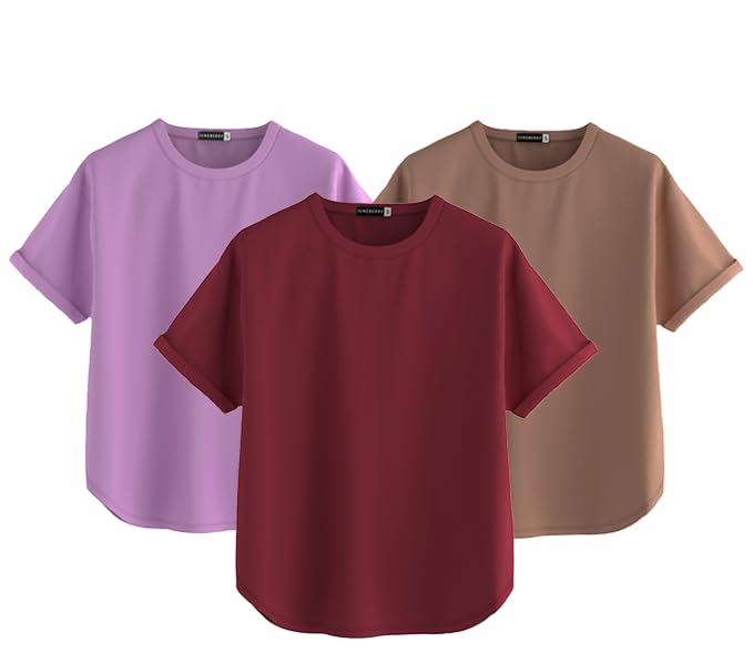 Juneberry Pure 100% Cotton Oversized Loose Baggy Fit Round Neck With Drop Shoulder Lilac & Maroon & Cork Half Sleeves Boyfriend
