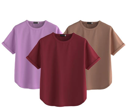 Juneberry Pure 100% Cotton Oversized Loose Baggy Fit Round Neck With Drop Shoulder Lilac & Maroon & Cork Half Sleeves Boyfriend