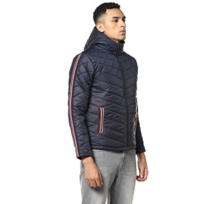 Campus Sutra Mens Indigo Blue Solid Quilted Puffer Regular Fit Bomber Jacket For Winter Wear | Hooded Collar | Full Sleeve | Zi