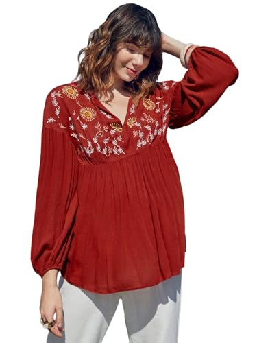 Anni Designer WomenS Tops Rayon Viscose Floral Embroidery Shirt For Women (Bini Red_Xl_Red_X-Large)
