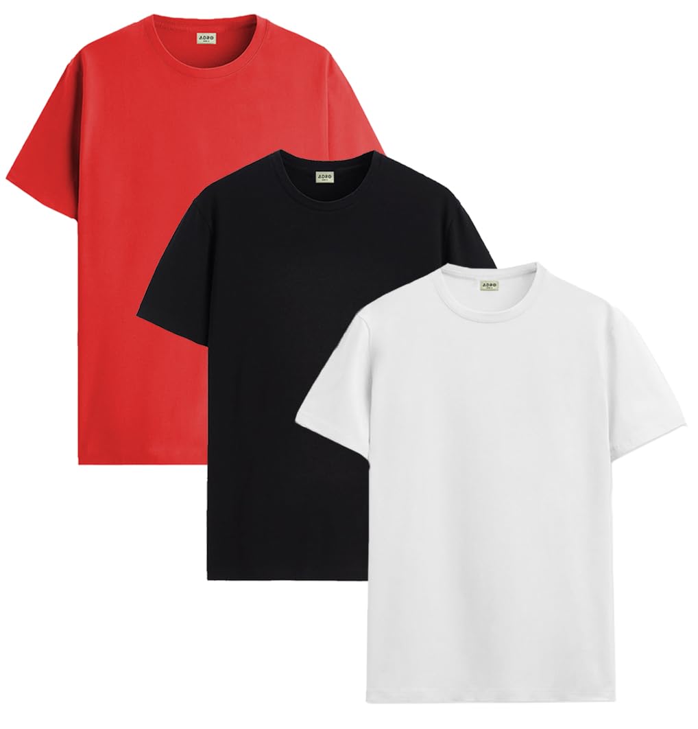 ADRO Men's Solid Regular Fit T-Shirt (RCM3-PLN-RD-BL-WH_Red,Black,White