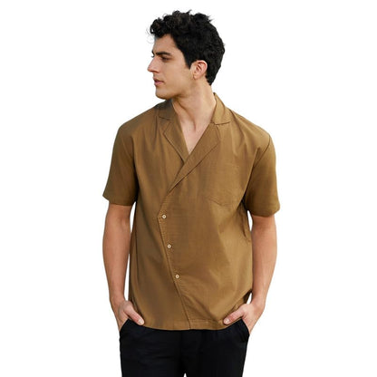 Campus Sutra MenS Camel Brown Asymmetrical Cuban Shirt For Casual Wear | Cuban Collar | Short Regular Sleeves | Button Closure