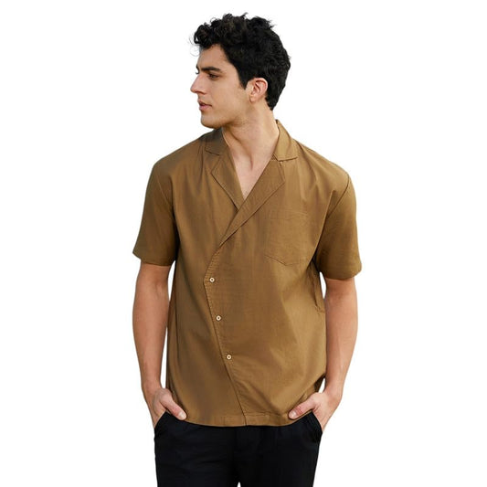 Campus Sutra MenS Camel Brown Asymmetrical Cuban Shirt For Casual Wear | Cuban Collar | Short Regular Sleeves | Button Closure