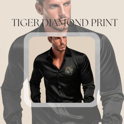 Indoprimo MenS Satin Stylish Club Wear Tiger Diamond Print Shirt Full Sleeve Black