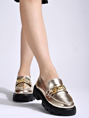 Shoetopia WomenS Block Heel Loafers Golden