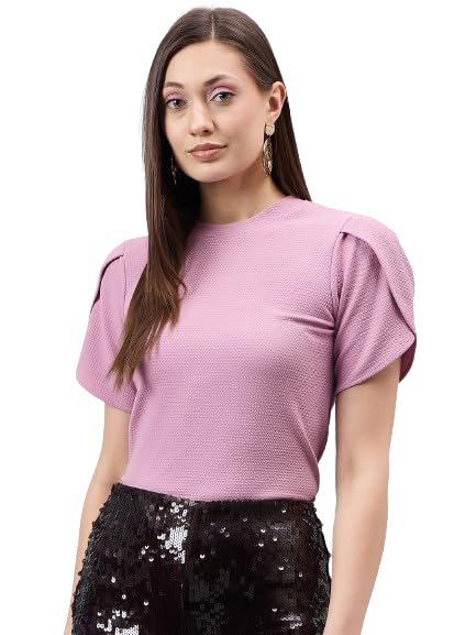 Style Quotient Women Solid Dusty Rose Poly Knit Smart Casual Regular Tulip Sleeve Top