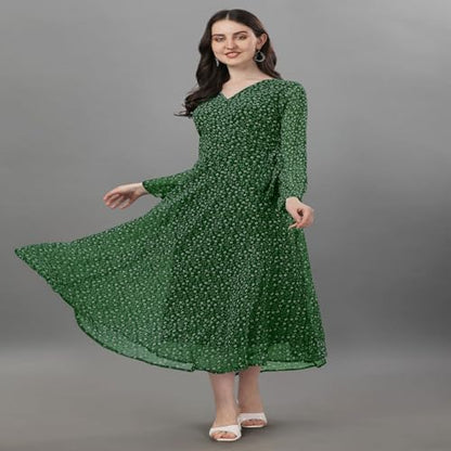 Trillmixa Georgette Floral Printed Full Sleeve V Neck Maxi-Length Fit & Flare Long Dress For WomenS (T-Mansi) Green