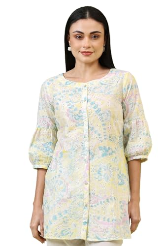 W for Woman Light Yellow Floral Printed Schiffli Embroidered Fusion Top