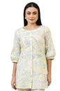 W for Woman Light Yellow Floral Printed Schiffli Embroidered Fusion Top