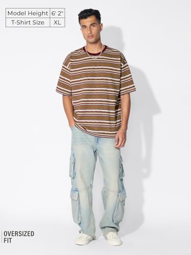The Souled Store Textured Stripes: Urban Sands Men and Boys Short Sleeve Round Neck Cotton Blend Brown Oversized T-Shirts