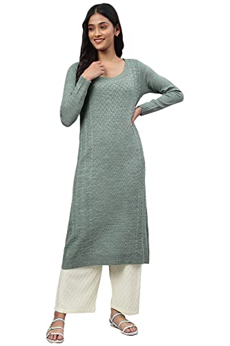 Aurelia Women Kashmir Mix Acrylic Solid Yarn Dyed Straight Kurta_22Noa13535-604376_L Green