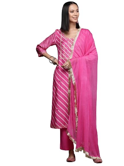 Varanga Women Pink Pure Fabric, Lehariya Embroidered Straight Kurta Paired With Tonal Bottom And Dupatta