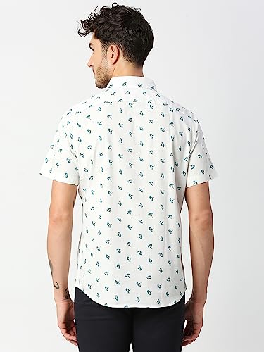 Thomas Scott Mens Printed Slim Fit 100% Cotton Casual Shirt with Spread Collar and Half Sleeve Off White