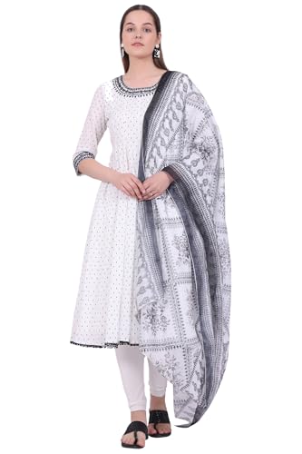 Aurelia Women's White Yarn Dyed Pure Cotton Anarkali with Leggings & Dupatta Set