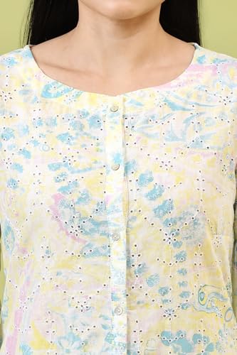 W for Woman Light Yellow Floral Printed Schiffli Embroidered Fusion Top