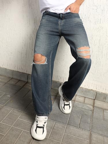 Hubberholme Men Summer Cotton Wide Leg Mid-Rise Jeans 15 Blue