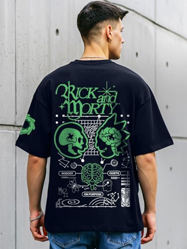 Bewakoof Official Rick and Morty Merchandise Mens Graphic Print Oversized Fit Half Sleeve Round Neck Cotton T-Shirt_680238_Blue