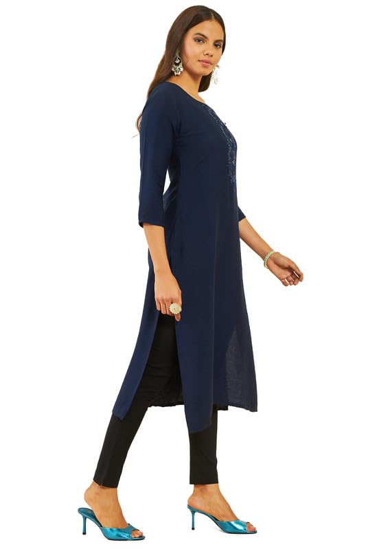 Soch Womens Navy Blue Viscose Blend Cutdana Embroidered Round-Neck Straight Kurta