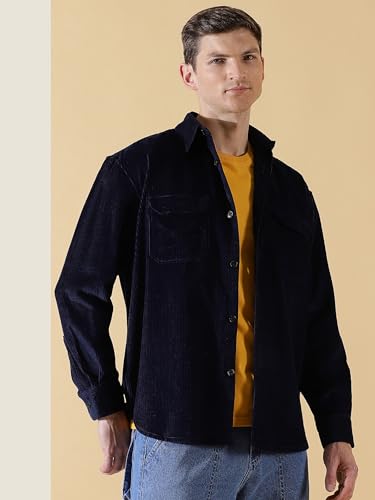 Thomas Scott Mens | Full Sleeve | Corduroy | Double Pockets | Relaxed Fit | 100% Cotton | Spread Collar | Casual | Shirts (Navy_