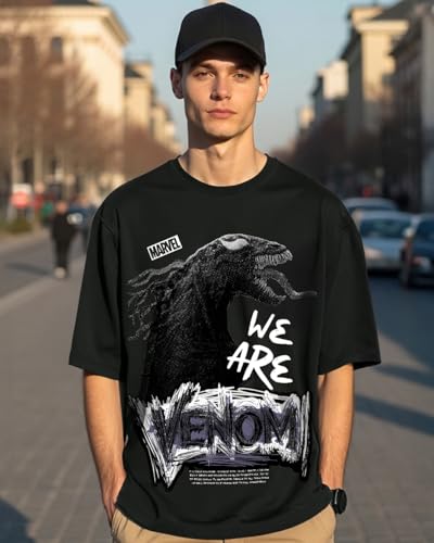 Bewakoof Official Marvel Merchandise Venom Mens Graphic Print Oversized Fit Half Sleeve Round Neck Cotton T-Shirt_651229_Black_