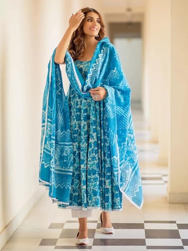 Tee Projekt WomenS Cotton Blend Floral Printed Anarkali Kurta Pant With Dupatta Set Ll Round Neck Ll Blue Kurta Set