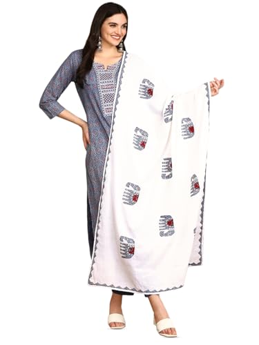 Ajrakh Inspired Printed Cotton Kurta And Pant With Hand Applique Dupatta | Kurta Set For Women | Kurta With Trousers And Dupatta