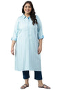 Blue Shirt Collar Stripe Print Plus Size Kurta