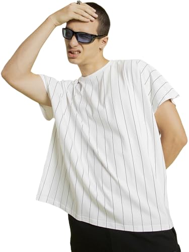 Bewakoof MenS Striped Super Loose Fit Sleeveless Round Neck Cotton Vest_569036_White_Xl