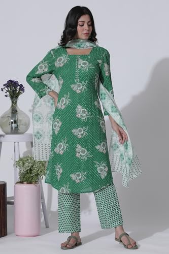W for Woman Green Floral Printed Straight Kurta, Pants with Dupatta Set