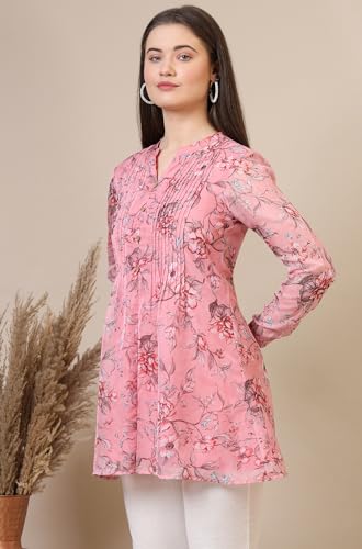 Aurelia Women's Bright Yellow Floral Printed Organza Kurti